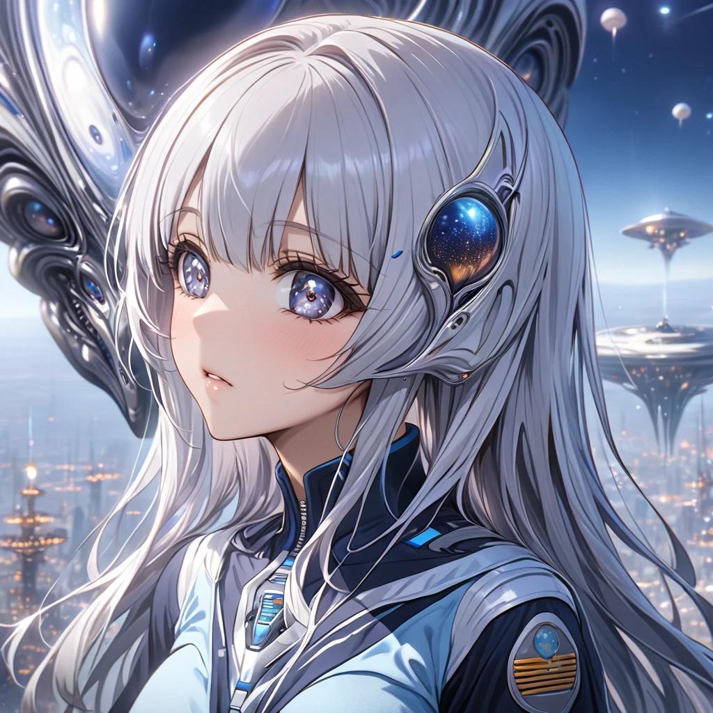 ((Highest quality)), ((masterpiece)), (detailed), (Perfect Face)、The woman is an alien, Reika Aoki, with semi-long hair and little grey hair