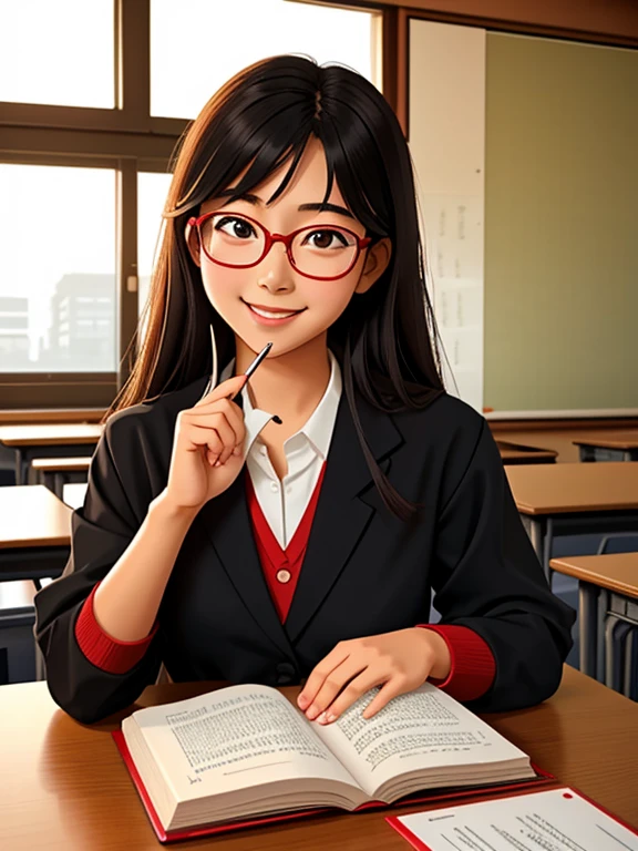 Masterpiece, 1girl, solo, Japanese , teen, sng, her appearance reflects her beauty and intelligence(she's wearing a black Japanese school uniform and red reading glasses), indoors, classroom
