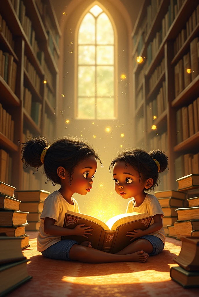 les livres autour des enfants commencent à s’ouvrir et à tourner leurs pages par eux-mêmes, avec de la poussière dorée flottant dans l'air. Pendant qu'ils lisent le livre doré dans la bibliothèque (Africain)