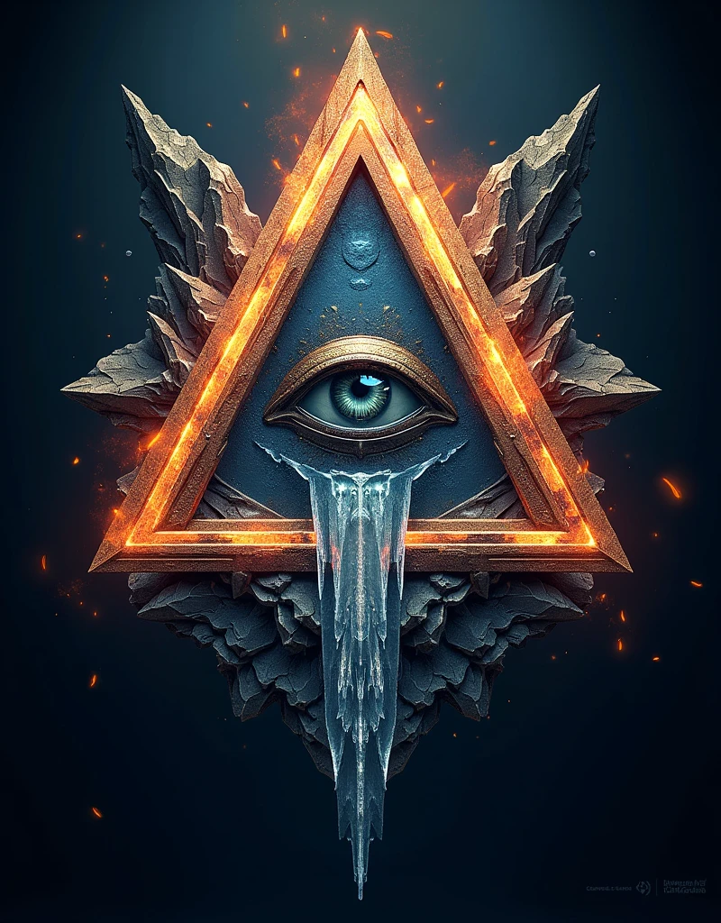 logo design, all seeing eye inside a triangle, a text written ALTAR Designed By DUKUND, fire and ice background, complex background, fantasy art, cinematic lighting, masterpiece, extreme detail, 4k 