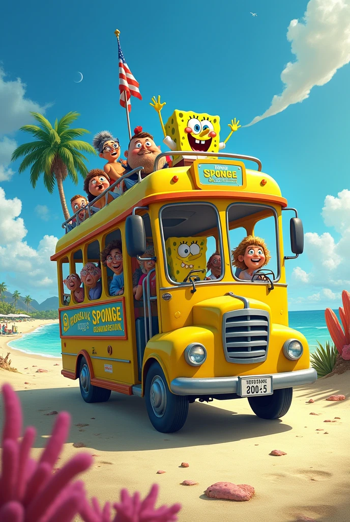 Create me an image with Spongebob with people on a bus on the way to the beach with the title Sponge Tours and with the slogan Discover the magic recipe for fun with the title a little bigger creative and unique crazier and the slogan in Spanish that is crazier the slogan is bigger