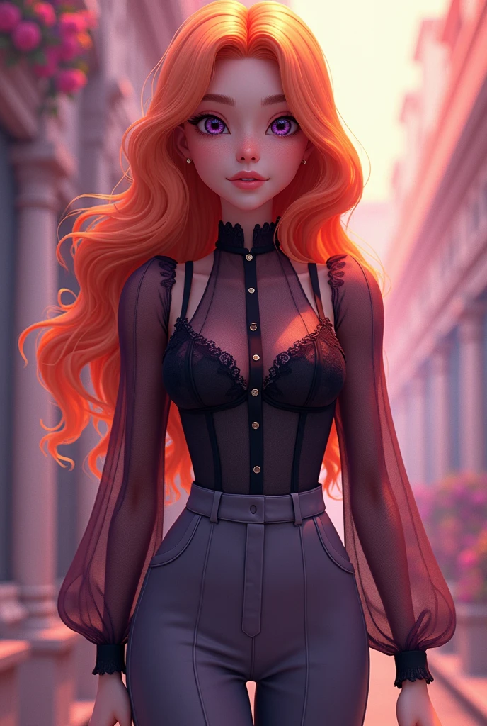 Vanessa is a very beautiful fifteen-year-old girl with snow-white skin, She has long, wavy, bright light orange hair that is usually styled half up with two strands falling down her beautiful face.,She has almond-shaped eyes, a light lilac purple color., her face is heart-shaped and she has a small nose and salmon pink lips, She is wearing a dark purple tight-fitting shirt with a sweetheart neckline crossed in front and long sleeves with half of her shoulders uncovered, revealing a bit of a black blouse with thin straps., He is wearing elegant grey trousers and black ankle boots..((Epic Anime 3D)) ((Miraculous ladybug)).