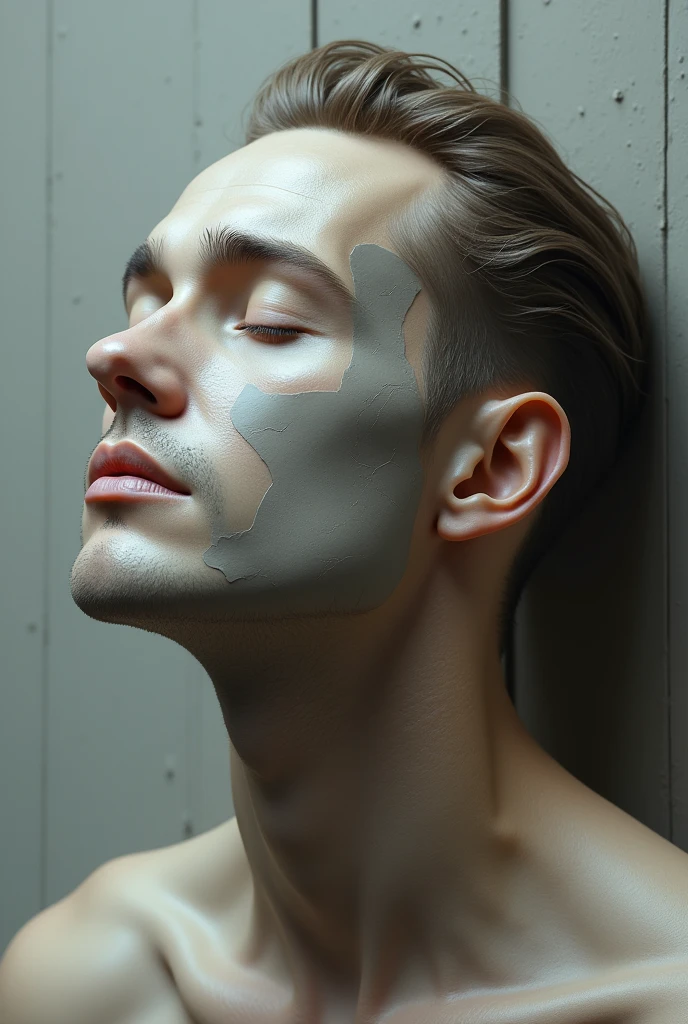 Face of a man facing forward with his eyes closed with his face up as if inhaling, half of his face is made of clay