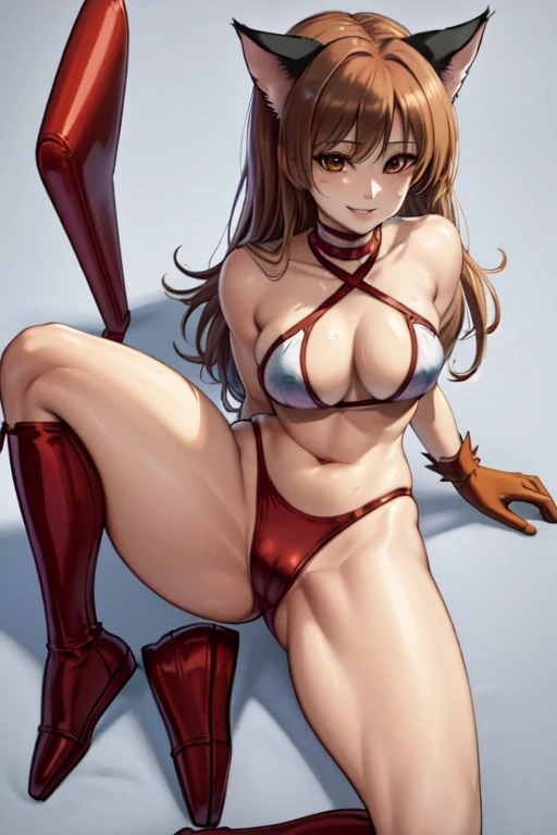 masterpiece, best quality, beautiful art, high resolution, well formed hands, body and fingers, 1 woman, solo, Ichigo Momomiya , 3, cat ears and cat tail, full body picture, grown up, adult, large and big breasted, cleavage, hair ornament, wearing a Tyris Flare outfit , white_bikini, full body, sexy and skimpy bikini, gorgeous hips, legs and thighs bouncing breasts, red boots, dancing seductively and erotically, twirling around, bikini thong, shaking her body alluringly, smiling joyfully, looking at the viewer, sweating , flirting, beach environment