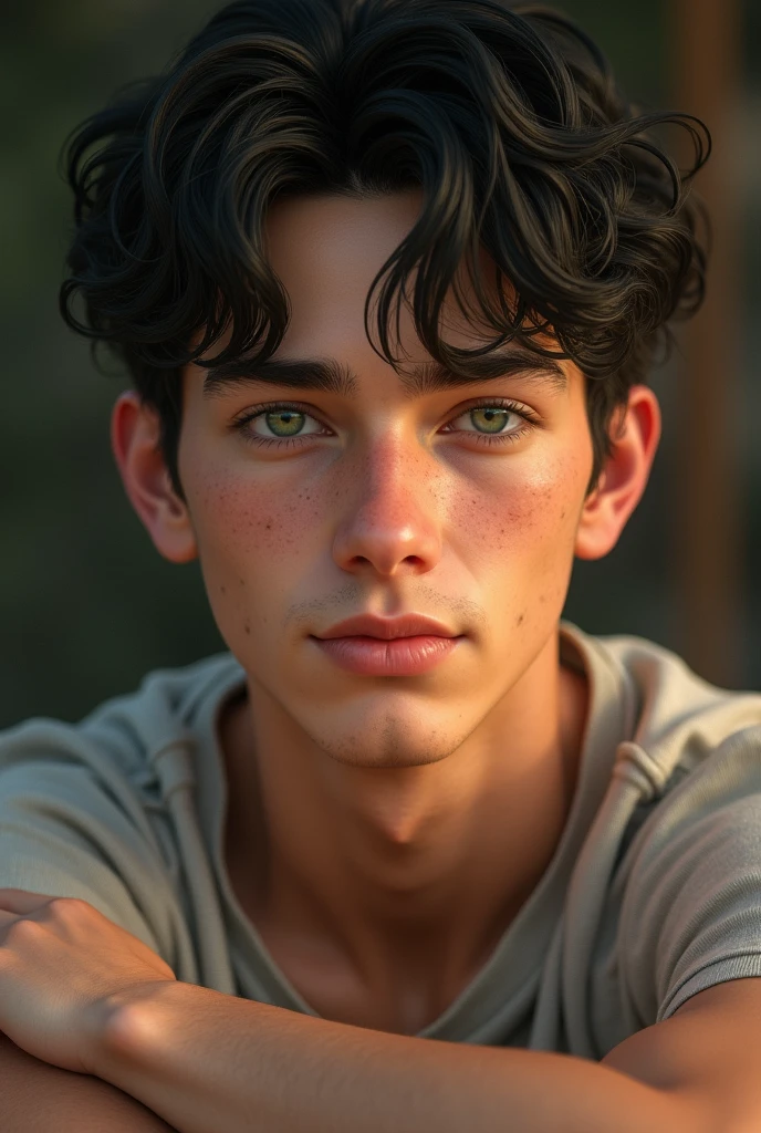 "Generate a realistic image of a young 20-year-old male with black hair and bright green eyes. The hair should be dark, but not too dark, with a natural texture and real manes and waves that reflect light realistically. The expression should be calm and soft, with eyes that reflect a kind and calm person, and some slight scratching and creased skin to give it a sense of wear and tear. The skin should be clear, smooth and slightly tanned, with some small spots. natural imperfections and defects.
The face should have a defined contour, with some subtle definition to the facialres (nose, cheeks, jawline) to give it a sense of depth and dimensionality. The eyes should be well formed, with a clear and well-defined contour, and some slight wrinkling around the eyes to indicate laughter or even a hint of worry. The cheekbones should be pronounced, and the chin should be a little firm.
Posture and body expression should be relaxed and natural, with some slight unevenness to the shoulders and hips to give it a sense of real movement and life. The fingers of the hands should be well defined, with some subtle creasing to indicate flexion and movement.
The background should be a little undefined, with some soft focus and blur to give it a sense of depth and distance. It uses a naturalistic color palette, with a combination of warm and cold colors to give it a touch of realism and authenticity.