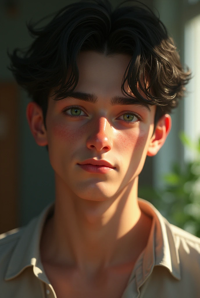 "Generate a realistic image of a young 20-year-old male with black hair and bright green eyes. The hair should be dark, but not too dark, with a natural texture and real manes and waves that reflect light realistically. The facial expression should be calm and soft, with eyes that reflect a kind and calm person, and some slight scratching and creased skin to give it a sense of wear and tear. The skin should be clear, smooth and slightly tanned, with some small spots. natural imperfections and defects.
The face should have a defined contour, with some subtle definition to the facial features (nose, cheeks, jawline) to give it a sense of depth and dimensionality. The eyes should be well formed, with a clear and well-defined contour, and some slight wrinkling around the eyes to indicate laughter or even a hint of worry. The cheekbones should be pronounced, and the chin should be a little firm.
Posture and body expression should be relaxed and natural, with some slight unevenness to the shoulders and hips to give it a sense of real movement and life. The fingers of the hands should be well defined, with some subtle creasing to indicate flexion and movement.
The background should be a little undefined, with some soft focus and blur to give it a sense of depth and distance. It uses a naturalistic color palette, with a combination of warm and cold colors to give it a touch of realism and authenticity.