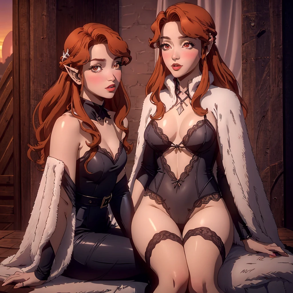 (masterpiece,best quality,8k,beautiful and aesthetic:1.2)
(ChopioLenora, orange hair, cloak, fur trim, long hair, hair ornament, red eyes, (pale skin:1.1), makeup, lipstick, pointy ears, (blush:1), looking at viewer, 1girl, solo )
((highleg lace lingerie and sweater)
), sitting, front view, looking at viewer,  inside Burlesque theater backstage, sunset, evening, warm lighting, (depth of field, bokeh, 4K, hyper realism, soft light, dramatic light, sharp, HDR), full body