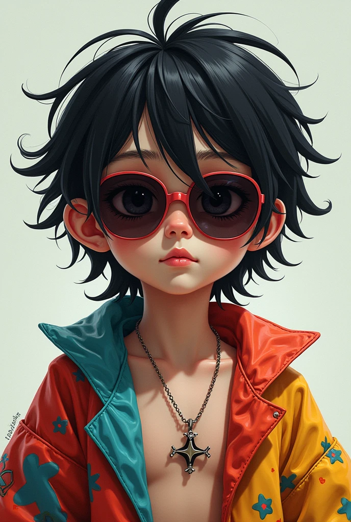 A boy with long black hair, but not beyond the shoulders, with sunglasses, the hair is a bit messy, with loose, colorful clothes in the melted grimme style