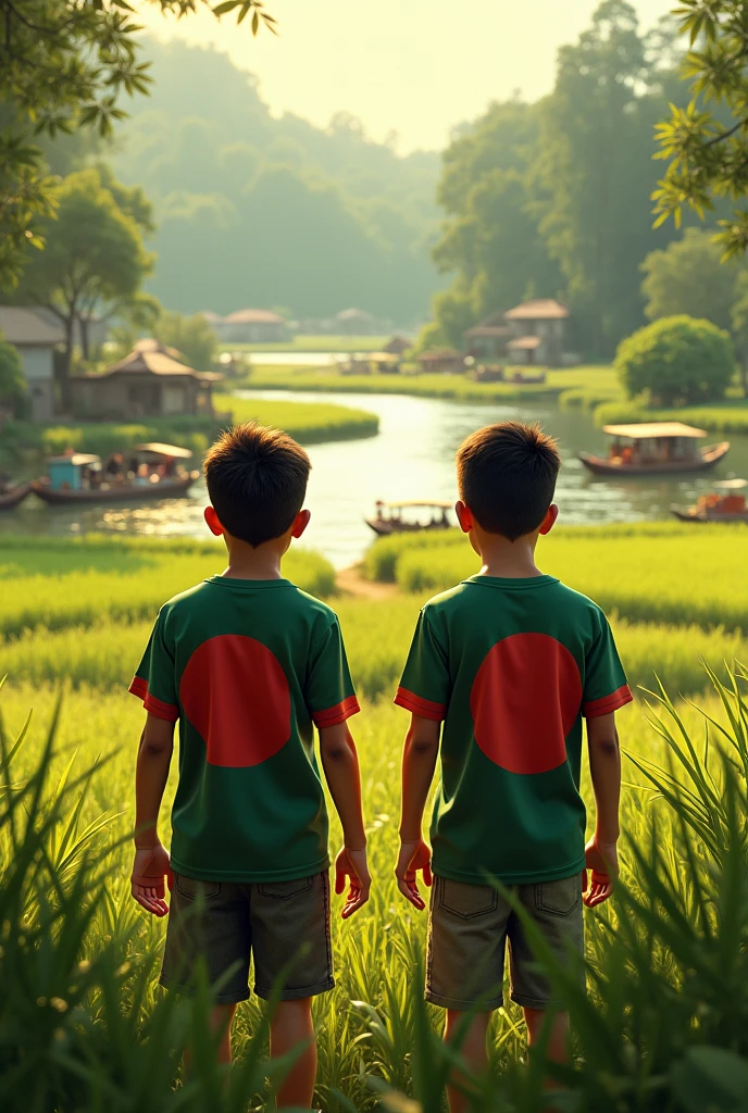 A 2 boy wearing Bangladesh flag decorated T shirt with name RAZON, weaving Bangladesh flag in rural village field. Beautiful village nature, river, boat , show from backside 