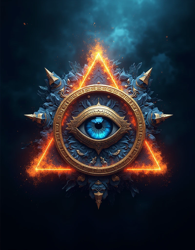 logo design, all seeing eye inside a triangle, a text written ALTAR Designed By DUKUND, fire and ice background, complex background, fantasy art, cinematic lighting, masterpiece, extreme detail, 4k
