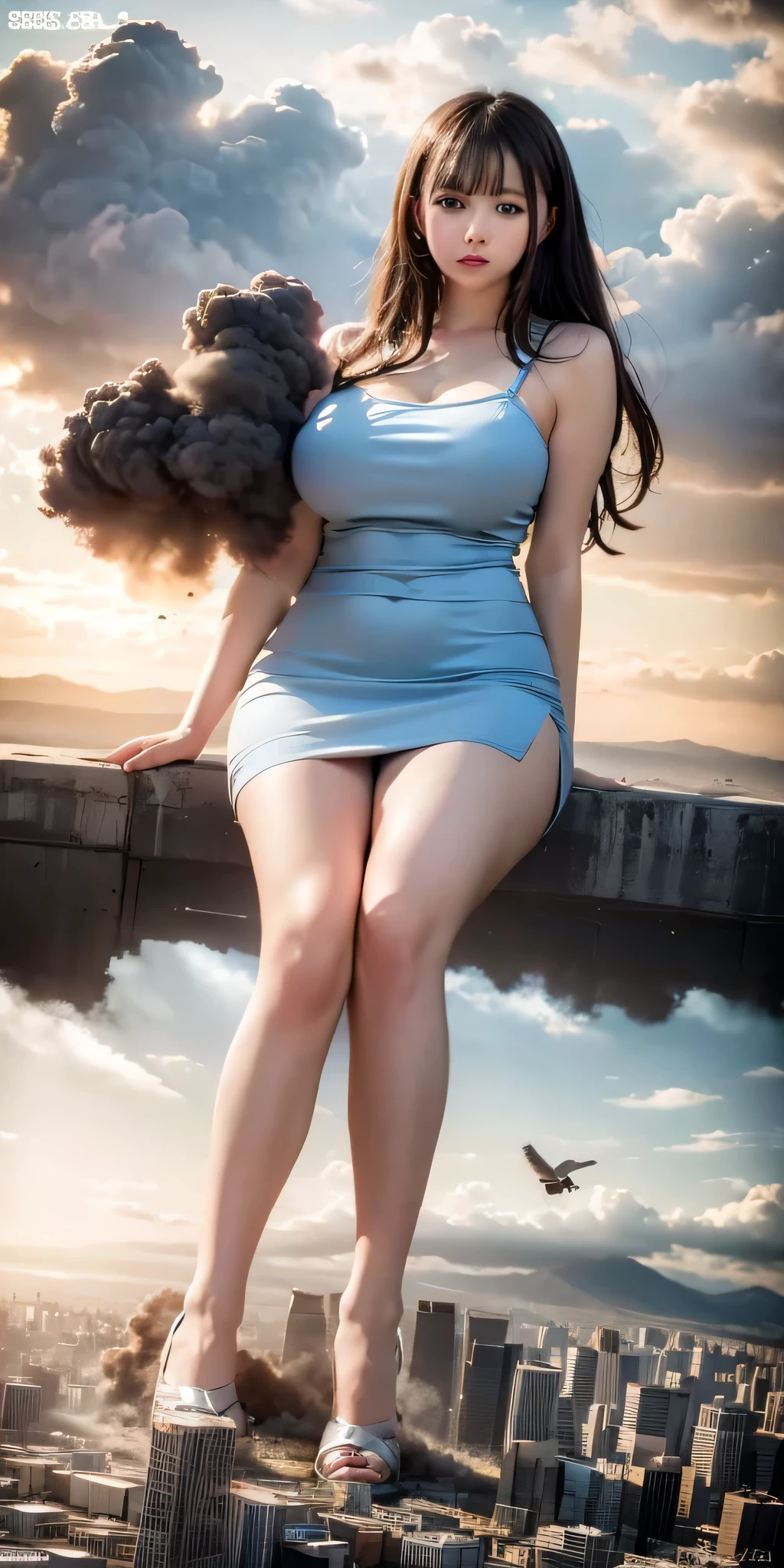 (8k,RAW Photos,Like the picture:1.45),masterpiece,Highest quality, Giantess in a short dress, GTS City of the Year 3333, City Buildings, An explosion and smoke rising, cloud, tornado, light, Destroyed cityscape, Realistic lighting, High Jump, Under, Flying Bird,
