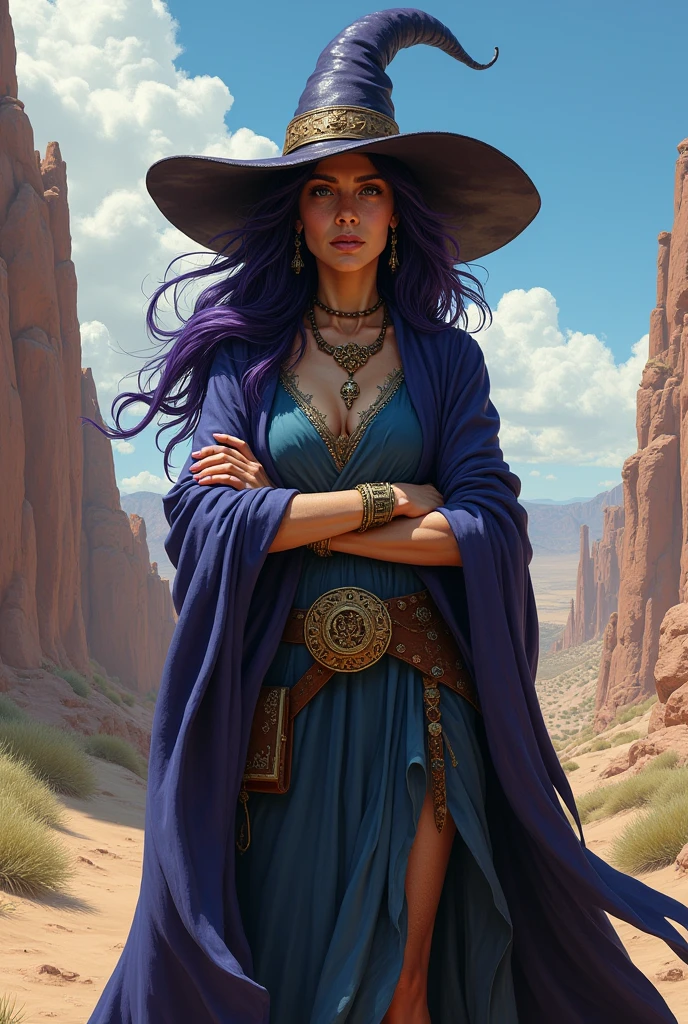I would like a american mature woman around 50 years with long purple hair, magical eyes, light greenish-toned skin, wearing witch clothing, a witch hat, and a necklace around her neck. I would like her to have a mature style, and the art should be in a fantasy RPG style set in the Old West.