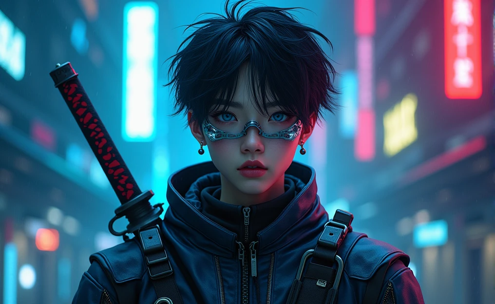 The figure of a young Asian male, showing strength and determination, with short dark hair with mobility like water, almost unreal pale complexion and lips of a color somewhat similar to her complexion and robotic clothing carrying a katana, Deep blue eyes and some kind of transparent robotic eye covers and a determined look, The background is cyberpunk in deep blue and purple colors