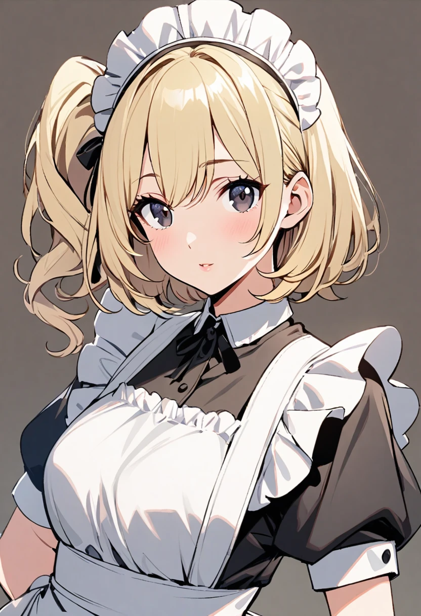 Solo, 1girl, medium hair, blond hair, black eyes, mature, cute, side ponytail, maid, beautiful color