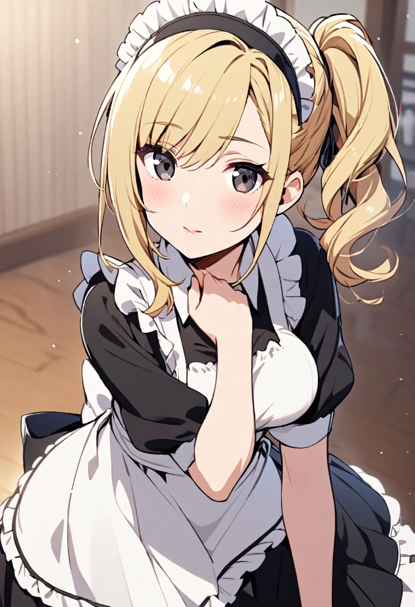 Solo, 1girl, medium hair, blond hair, black eyes, mature, cute, side ponytail, maid, beautiful color