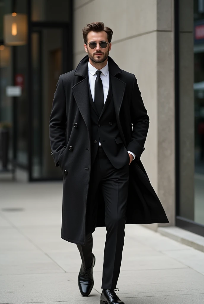 A stylish but not too fancy black suit with an overcoat 
