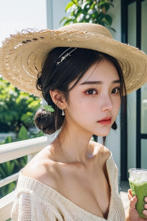 (2 pure Japanese girl,), (Small breasts:1.5,),(Mole on left side of neck:1.5),(solo,,Textured skin, Detailed skin,Detailed face,Detailed eyes,detailed posing,Natural eyebrows,Sparkling Eyes,High detail, Highest quality, Super detailed, Surrealism, ,8k,RAW Photos,Photographicism,Professional Lighting,Ray Tracing,Portrait Photography,Natural Light),(((Black Hair, Natural Makeup,Simple earrings, Low bun hairstyle,))),(((Summer resorts on the plateau,Cafe on the open terrace,Holding a gorgeous matcha shaved ice,White straw hat,Beige V-neck sweater,Dutch Angle, )))