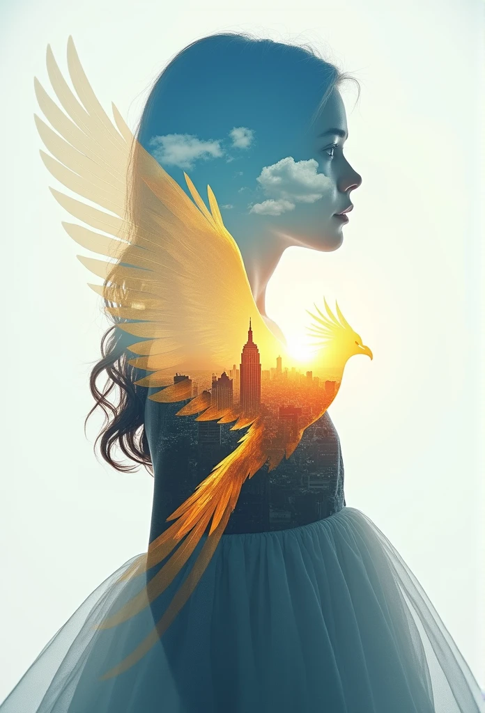 Double Exposure: 1.5, (Ultra HD photo, sharp outline quality), best quality, realistic 8K stock photo, (transparent silhouette of the upper body of a pretty girl in a flowing fluffy dress looking at the viewer_close-up angle), (zoomed in 1.3x on the beautiful city background inside the girl’s silhouette and a golden phoenix with gorgeous wings overlapping inside the girl’s silhouette, golden feathers fluttering in the air with the wing flap_dynamic angle), inside the silhouette, the left city is heaven, the right city is heaven, sunny day outdoor blue sky, fluffy clouds, halo, (realistic photo image with vivid colors of vivid blue, white, and gold),