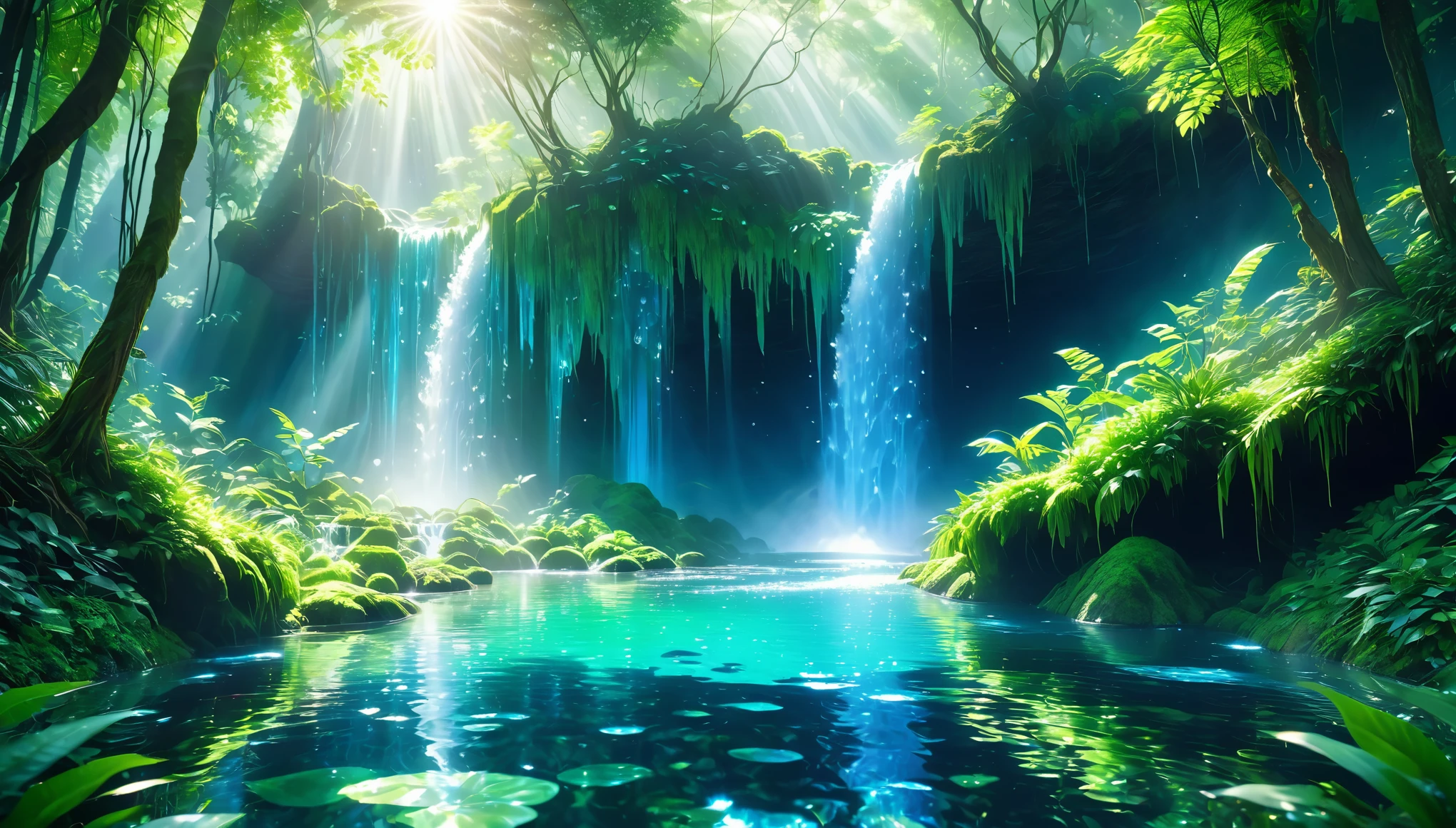 Lush green enchanted forest, crystal clear blue waterfalls, sunlight reflecting on the water surface, masterpiece, style raw, 32K UHD, peaceful and cool atmosphere.
