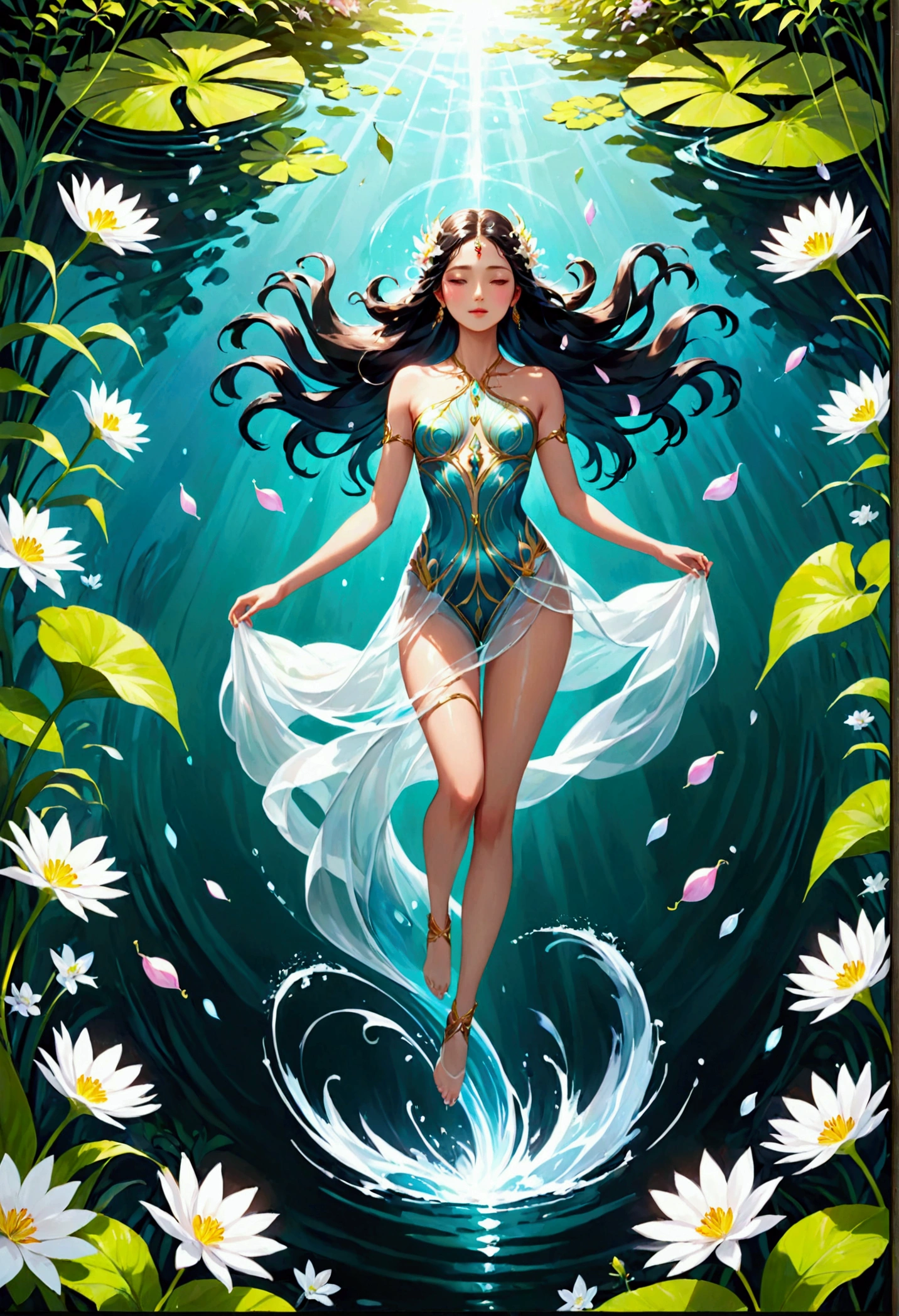 A graceful floating water goddess Suggested details Indian-like style A graceful floating water goddess, her delicate figure is surrounded by a tranquil garden of ethereal water flowers. These flower petals convey many emotions, moving gently with the wind rippling on the surface of the clear water. The stems of aquatic plants come in many vibrant colors, dazzling with their beauty. This captivating scene is depicted in a painting of stunning detail, where every aspect comes alive with rich and vibrant colors against the surrounding green background, transcending reality and illusion. , the footage has high detail, impressive lighting, and is extremely realistic.
