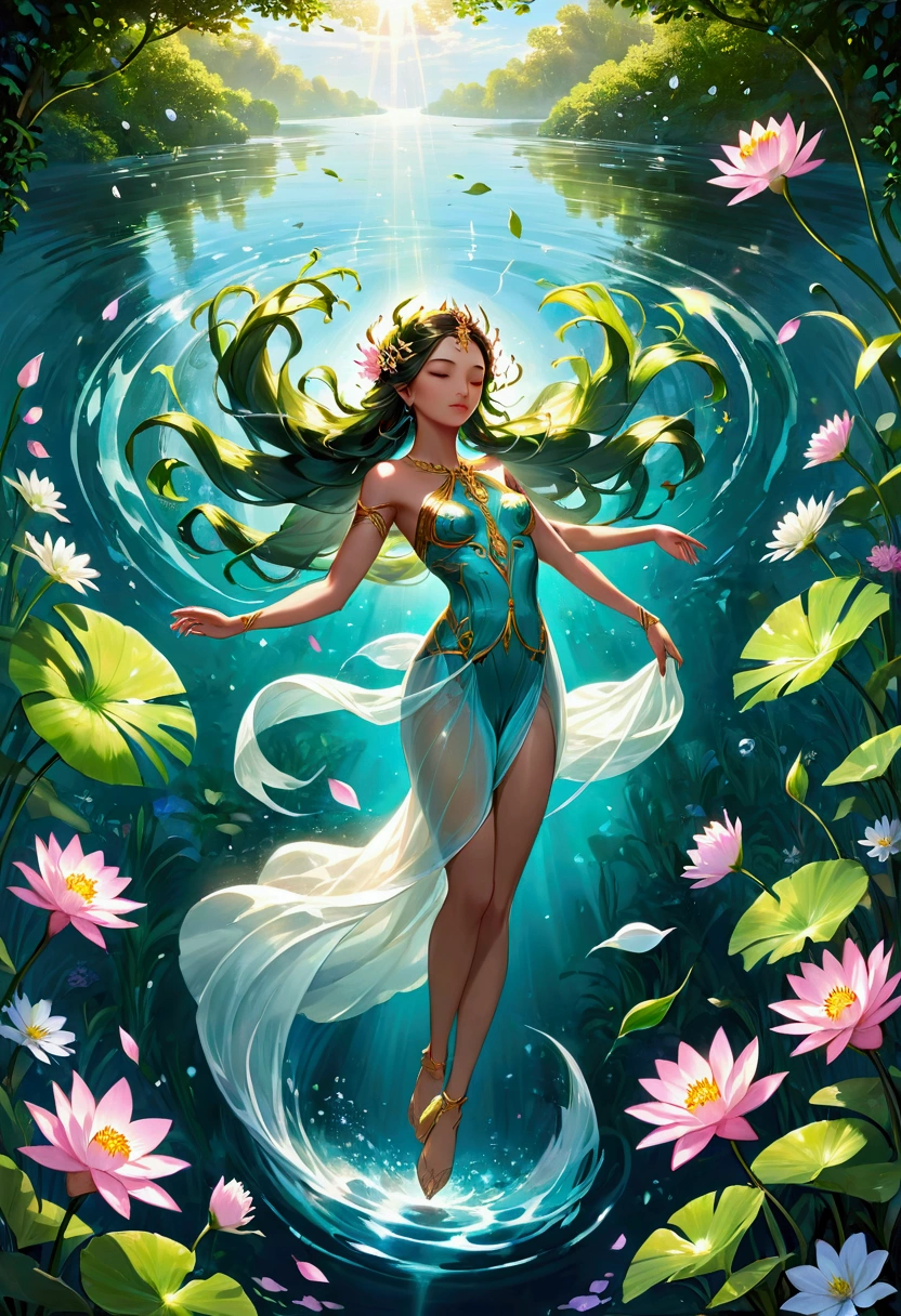 A graceful floating water goddess Suggested details Indian-like style A graceful floating water goddess, her delicate figure is surrounded by a tranquil garden of ethereal water flowers. These flower petals convey many emotions, moving gently with the wind rippling on the surface of the clear water. The stems of aquatic plants come in many vibrant colors, dazzling with their beauty. This captivating scene is depicted in a painting of stunning detail, where every aspect comes alive with rich and vibrant colors against the surrounding green background, transcending reality and illusion. , the footage has high detail, impressive lighting, and is extremely realistic.
