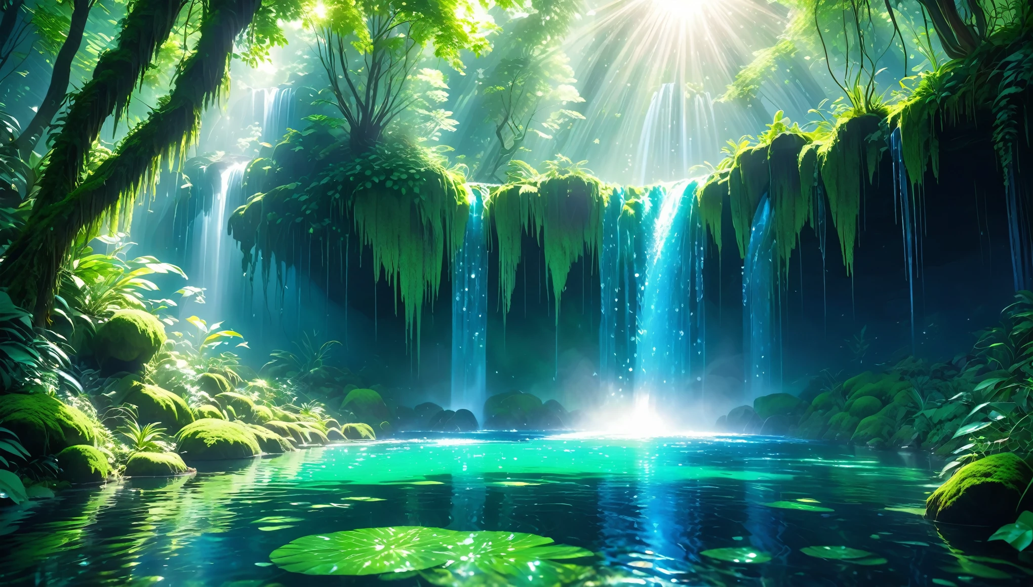 Lush green enchanted forest, crystal clear blue waterfalls, sunlight reflecting on the water surface, masterpiece, style raw, 32K UHD, peaceful and cool atmosphere.