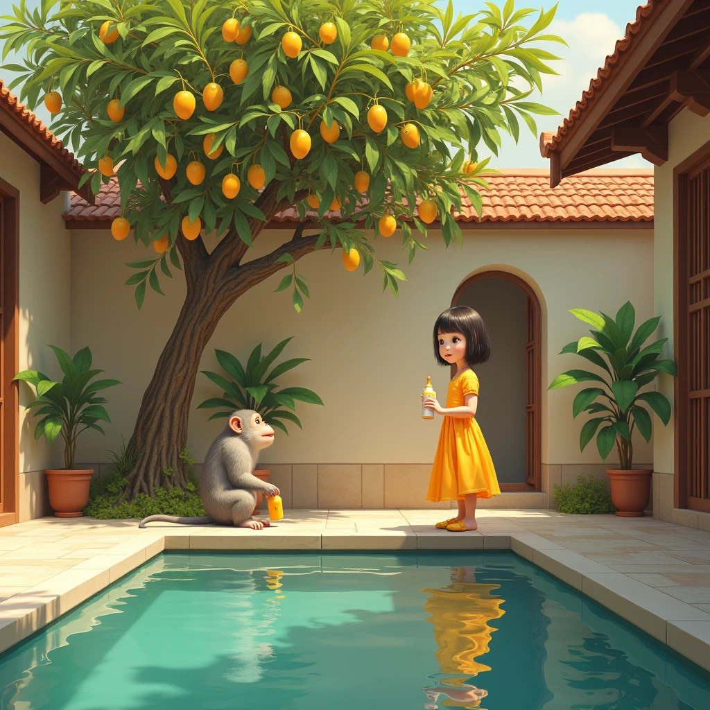 Draw a girl with Asian features, in the courtyard of a house, next to a pool, in front of a mango fruit tree, On the fruit tree there is a monkey with a baby bottle, warm weather 