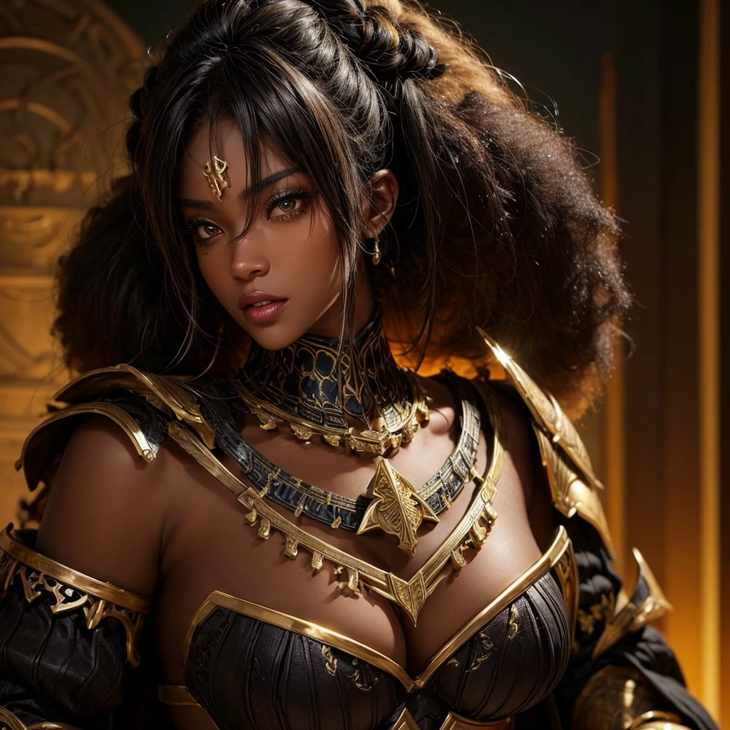 Whole body, Dark skin, muscular warrior with marked abdomen, afro hair, big breasts, Detailed face, Black and gold armor with many details