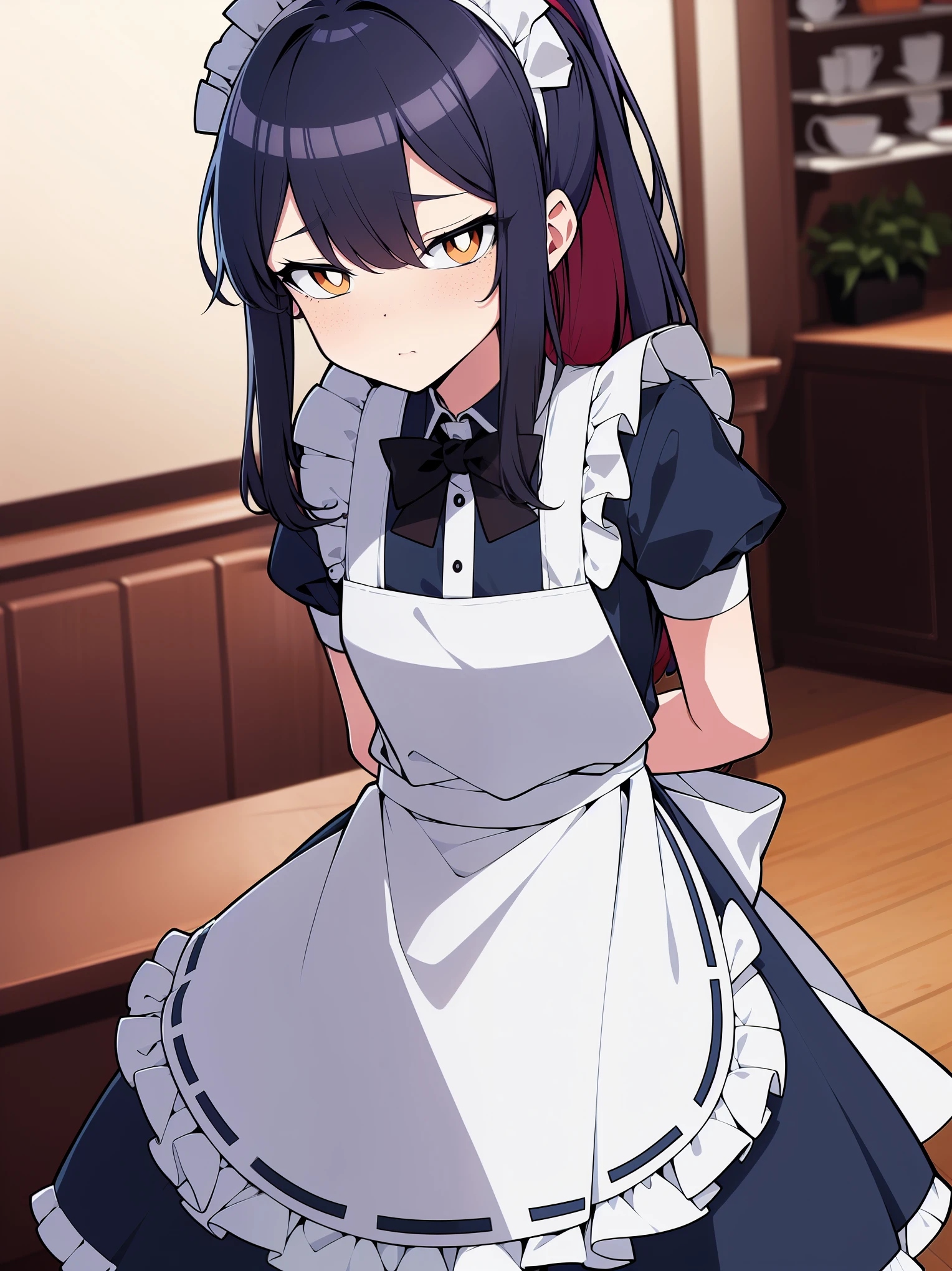 cowboy shot, (best quality, ultra-high resolution, depth of field:1.2), 1male, crossdressing, (Otoko no ko), freckles, orange eyes, white pupils, flat chest, (dark blue hair:1.2), (ponytail), (dark blue maid uniform), frills, maid headdress, (white maid apron), pantyhose, (cafe scenery), nervous, shy, (blushing), arms behind back