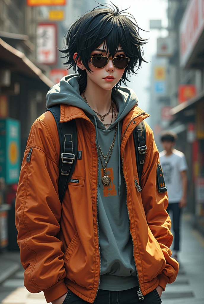 A boy with long black hair, but not beyond the shoulders, with sunglasses, the hair is a bit messy, with loose, colorful grimme-style clothing