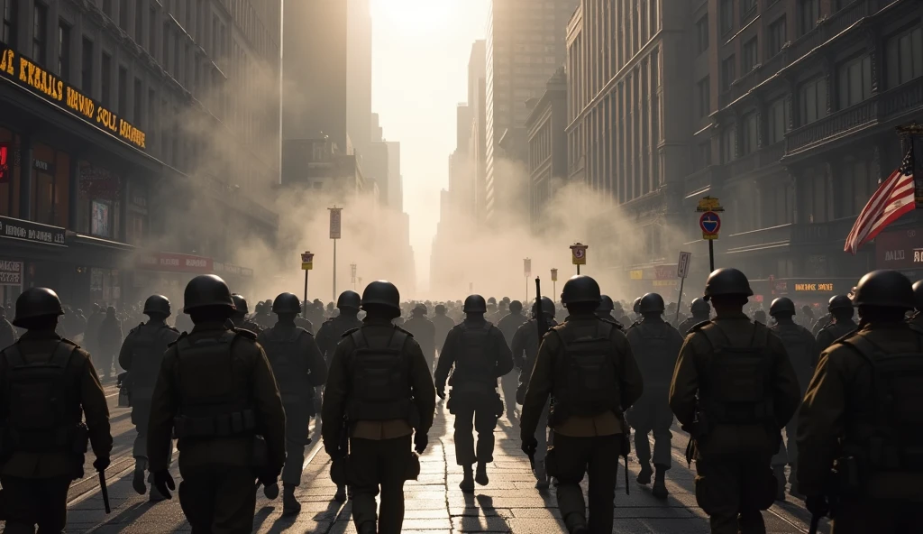 New York City in Chaos; soldiers marching in the streets