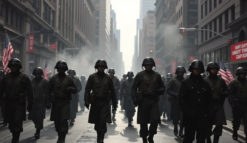 New York City in Chaos; soldiers marching in the streets