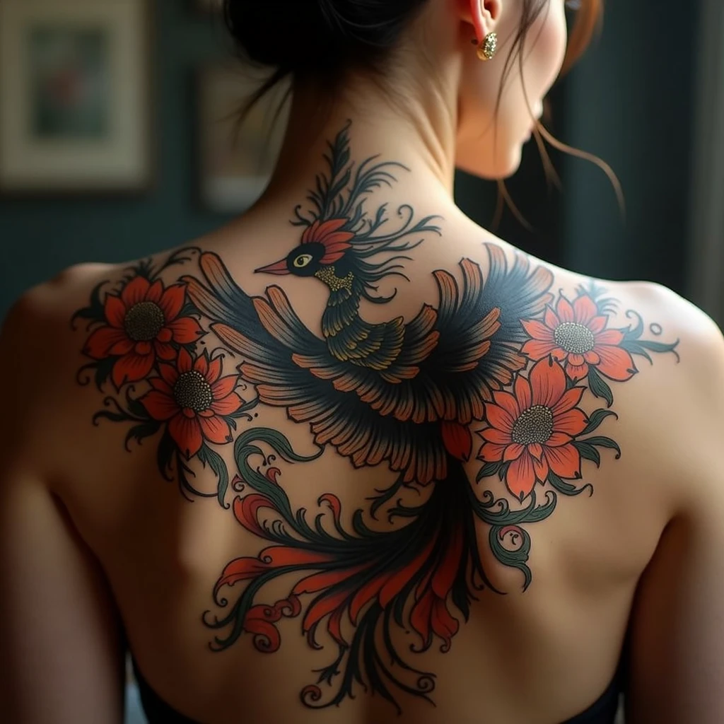 Woman with oriental phoenix tattoo on her back、Intricate Phoenix Tattoo Design、Beautifully detailed feather and flame tattoo、Colorful tattoos、Flowing Hair、Photorealistic、8k、high quality、Dramatic lighting、Cinematic, muted color palette、Back tattoo close-up、Don&#39;t draw your face、