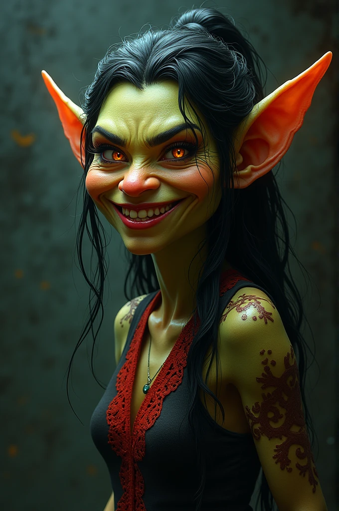 busty goblin wearing satin red dress, smiling big, big perfect teeth, big breasts, deep cleavage, green skin tone, long pointy ears, evil laugh, evil sexy eyes, biting down