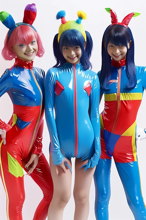 Three clown girls　clowning　Rubber Suit　hair color: blue(1.1)　Japanese　Red and blue clown suit　Two-pronged clown hat　Clown makeup