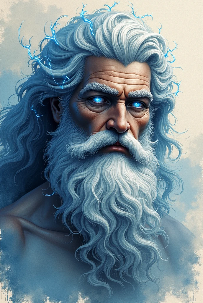A hand-drawn style portrait of Zeus, with detailed etchings showing his beard flowing like thunderclouds, his eyes glowing with electric blue sparks, and subtle watercolor effects for a stormy background.