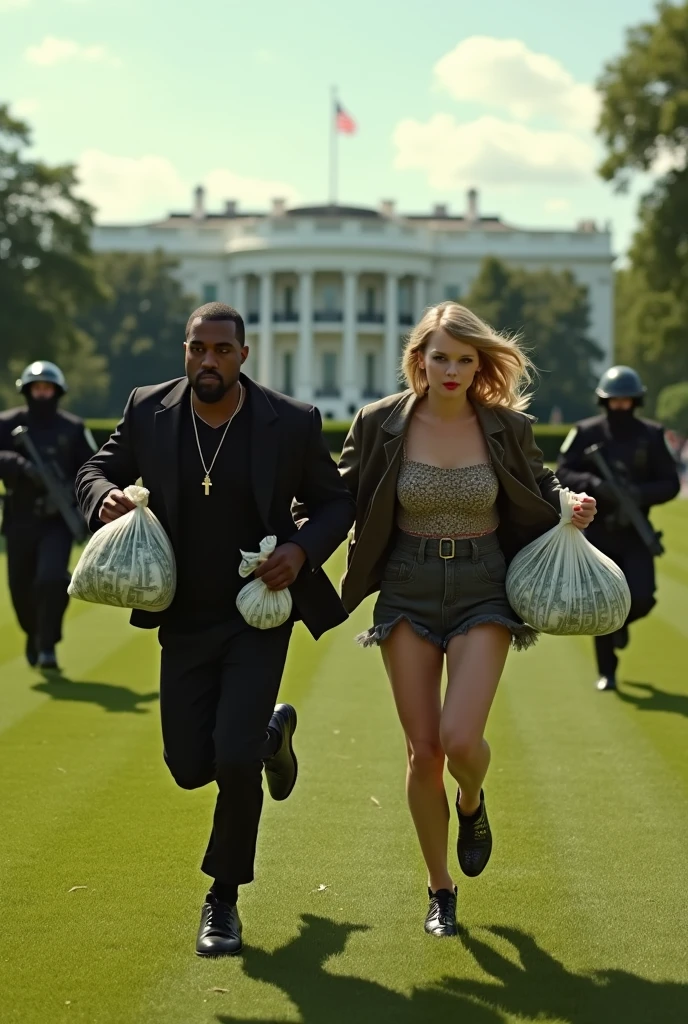 Kanye West running alongside Taylor Swift, Both carry bags with millions of dollars while being chased by the SWAT team, In the White House