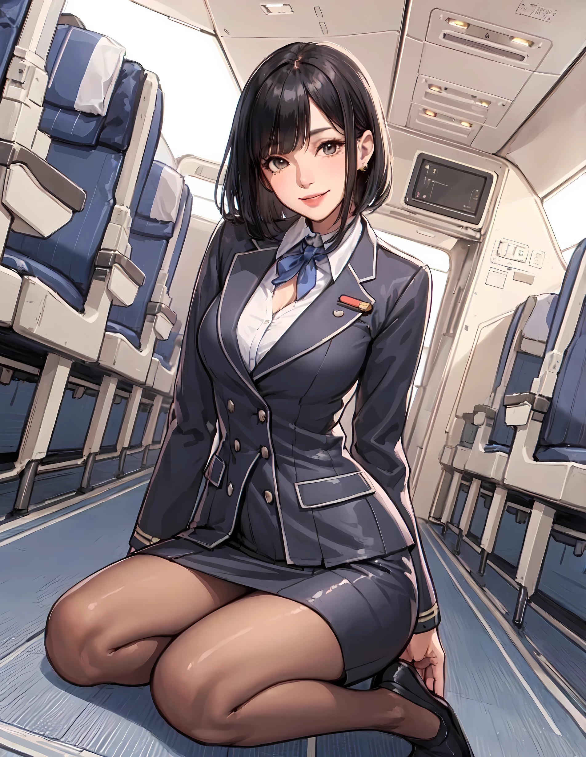 1lady solo, (kneeling) on aisle floor, (stewardess uniform) stylish, jacket (tight skirt) (garrison cap), (mature female:0.8), /(black hair/) bangs, kind smile, (masterpiece best quality:1.2) delicate illustration ultra-detailed, large breasts BREAK (airplane) indoors, (first-class cabin), detailed background
