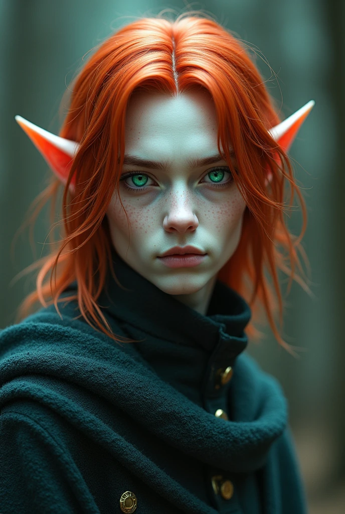 A man with snow-white skin and shoulder-length red hair, emerald or blue eyes, short stature like 1:68, without long ears and cute