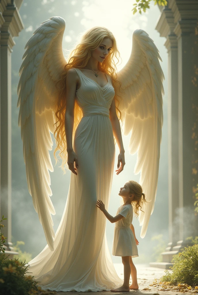 A small devil flies behind a peaceful female angel in the front looking towards the recipient. This Small cute Devil whispers in the ear of an female majestic angel.
In the background rages a fight with a lot of magic spells and rainbow colorful effects