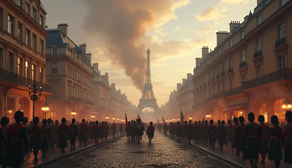 1802 City of Paris in chaos; soldiers marching in the streets