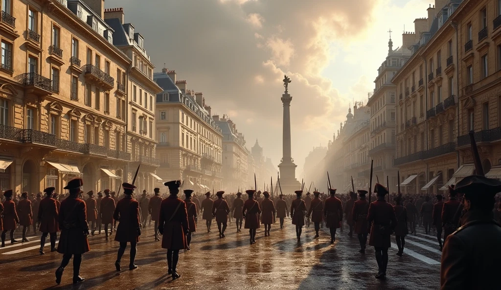 1802 City of Paris in chaos; soldiers marching in the streets