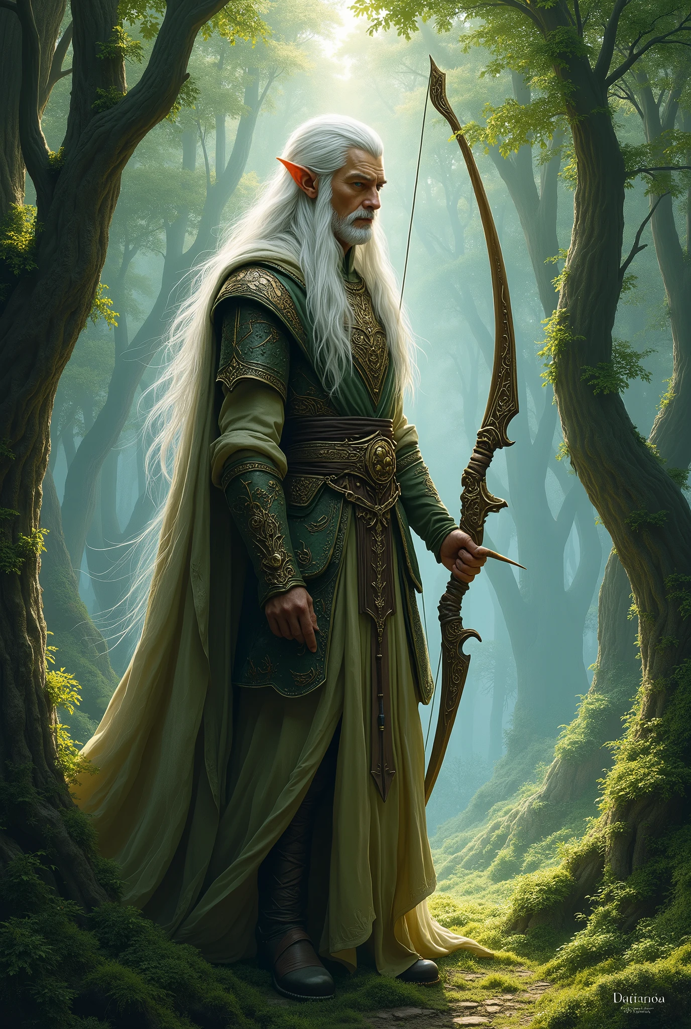 An ethereal elf, reminiscent of Tolkien's legendary lore, standing tall amidst a mystical forest. The elf, a graceful male with a distinguished air, has long, flowing white hair that gently cascades over his broad shoulders. His piercing blue eyes are filled with the wisdom of ages, reflecting the depth of his soul and connection to the ancient woods around him. He is clad in an intricate armor of mithril and leather, which seems to have been woven into the very fabric of the forest, adorned with leaves and vines that shimmer with an otherworldly glow. In his right hand, he holds a finely crafted bow, the string taut with anticipation, while his left hand rests upon the hilt of an elegant, elven blade at his side. The forest itself is a tapestry of emerald and gold, with sunlight filtering through the dense canopy to cast dappled patterns on the mossy floor. The trees, ancient and strong, stretch skyward like sentinels guarding the secrets of the elven realm. The image exudes a serene yet vigilant atmosphere, as the elf's gaze pierces the shadows, hinting at the unspoken tales of valor and stewardship that resonate within the woods. His presence is a silent testament to the harmonious existence of his kind with nature, a living embodiment of the unyielding spirit of the elves. Each detail of the scene is meticulously rendered, inviting the viewer to step into the enchanted world of Middle-earth and share in the silent vigil of this noble sentinel of the woods.