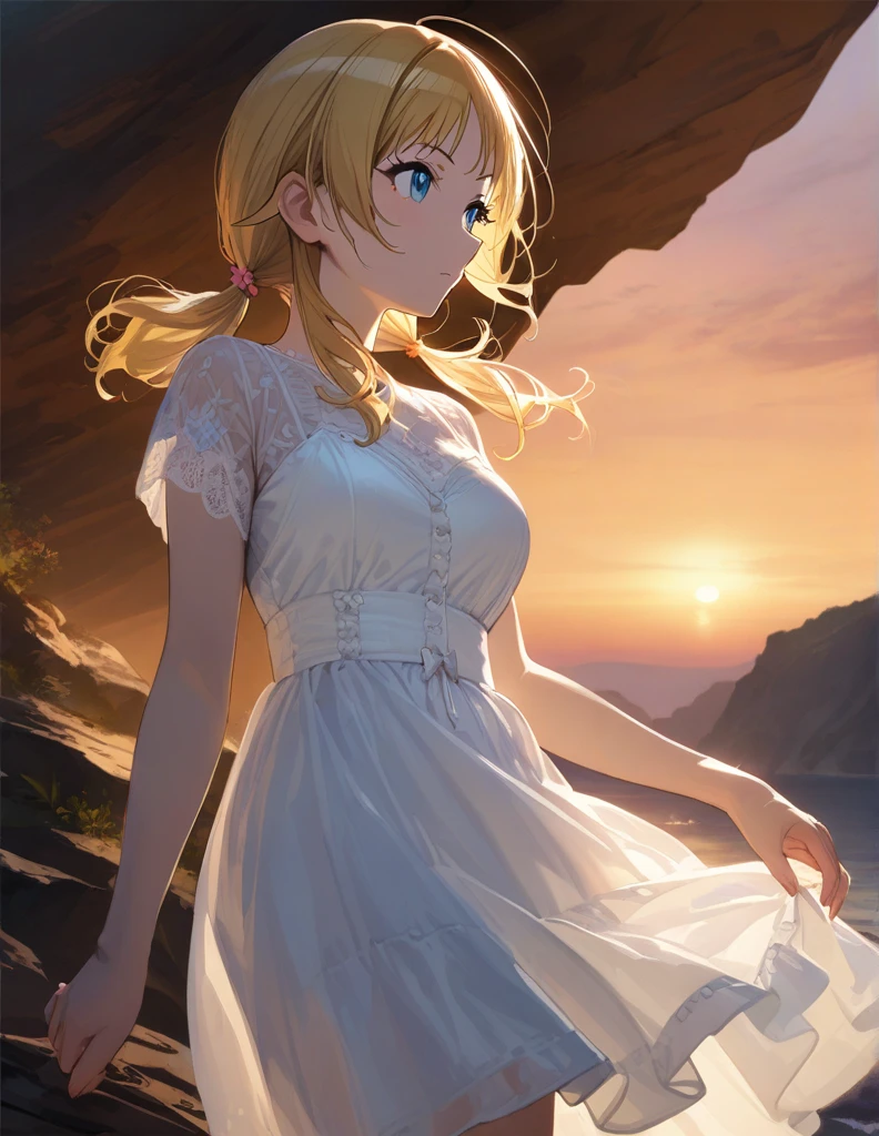 (masterpiece),(Highest quality),(Very detailed),(Best illustrations),(Best Shadow),(Absurd),(Detailed Background),(so beautiful), 
official style,
Hachimiya Meguru, 
the idolmaster shiny colors,
blonde,
Low Twintails,
(Blue Eyes:1.2), 
Beautiful eyes in every detail,
chest,
White dress,
looking away,
alone,
cliff,
Sunset,
Background Blur, 
(realistic skin:0.8),
Cowboy Shot, 