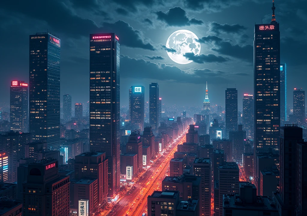 a night scene in a Japanese city, Tokyo at night, bright neon lights, Skyscraper, illuminated streets, cloudy sky with bright moon, Reddish colors and warm tones, cinematic lighting, Stunning cityscape, Very detailed, photorealistic, 8k, award-winning photography, dramatic atmosphere