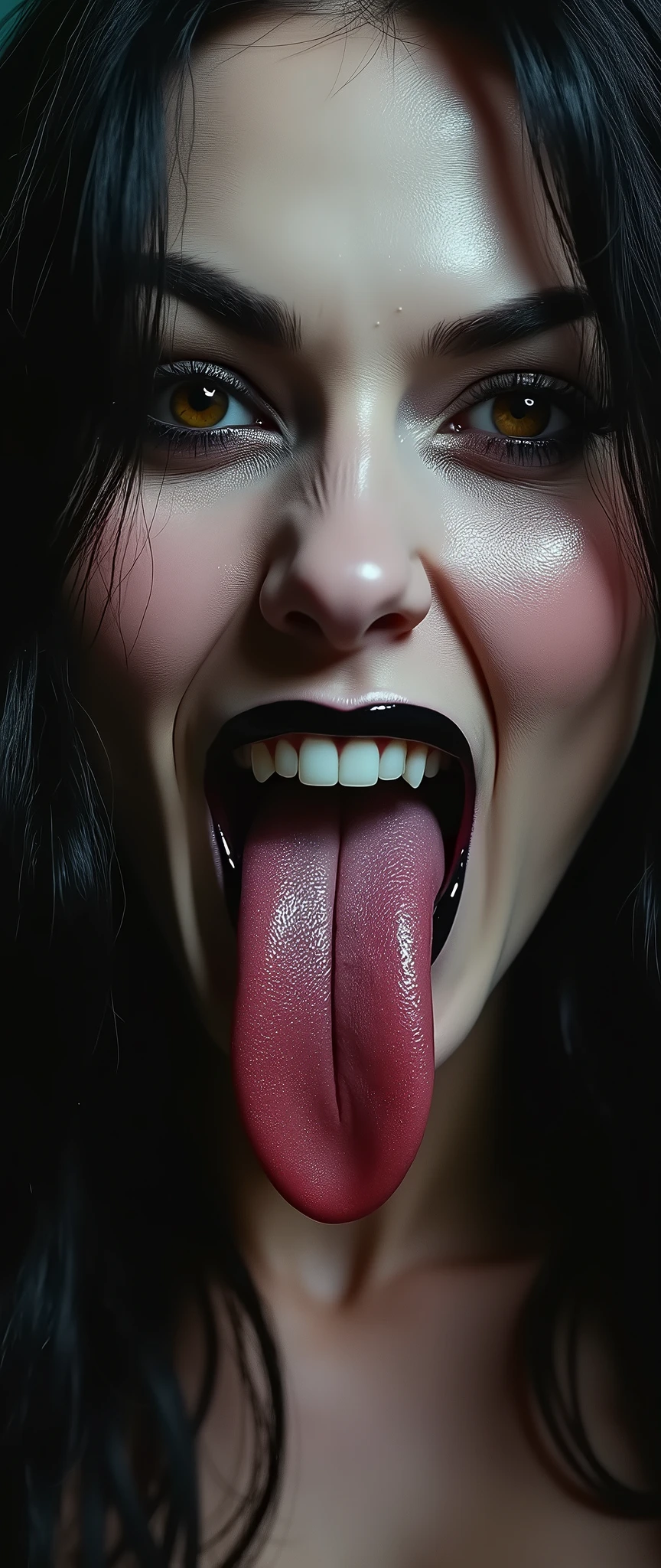 (masterpiece:1.2,Exceptional Quality,mirror-like,Cinematic Experience,Photorealistic:2.0,RAW Photos:2.0),8k,wallpaper,(Beautiful Dracula woman face:2.0),(Dracula's makeup:1.6),(Fang-like teeth:2.0),(Black glossy lips:2.0),(Black and lucky々Fresh tongue:2.0),(Super sexyな顔:2.0),(Super sexy:2.0),(Super-functional:2.0),(dynamic:2.0),(The woman is sticking out her tongue and trying to bite a human.:2.0),(pop:2.0),(progressive:2.0),(psychedelic:2.0),Vector art,Flat Design,(Detailed face:2.0)