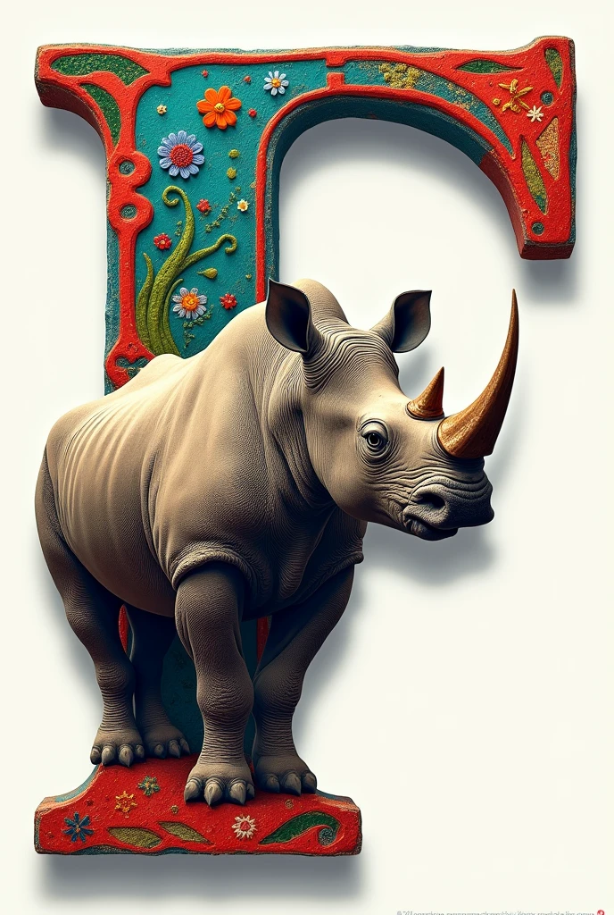 Decorate colorful letter F with realistic rhino