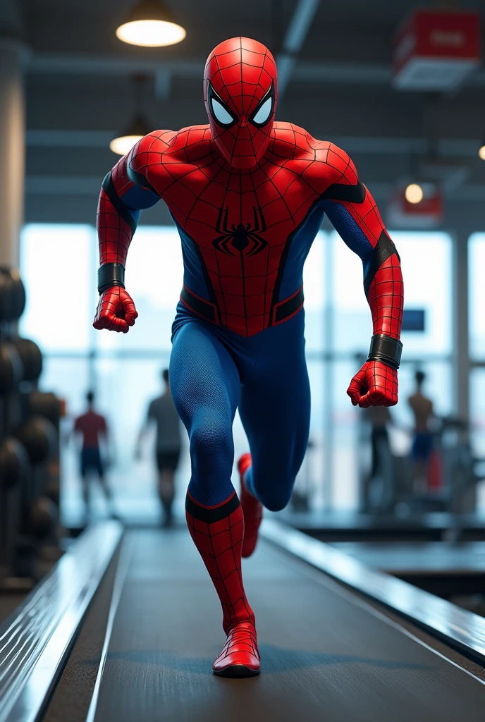 Spider-Man, in his full uniform, is running very fast on the treadmill in the gym."