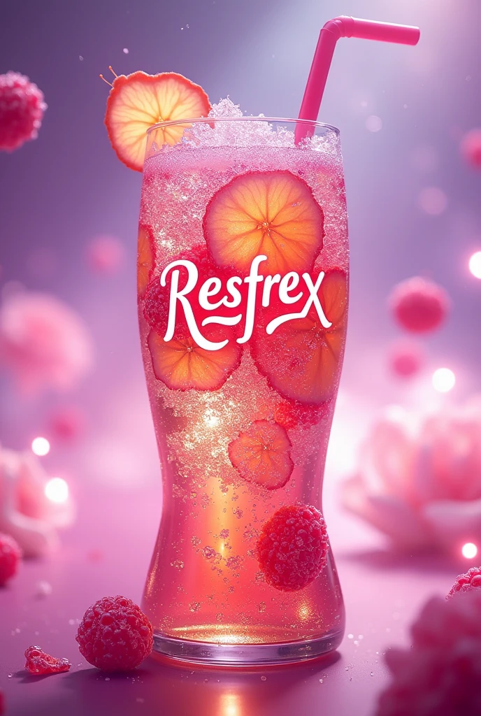 Generate me an image of a soft drink named Resfrex. With the slogan every bubble tells a story and the pink and purple colors. in Spanish