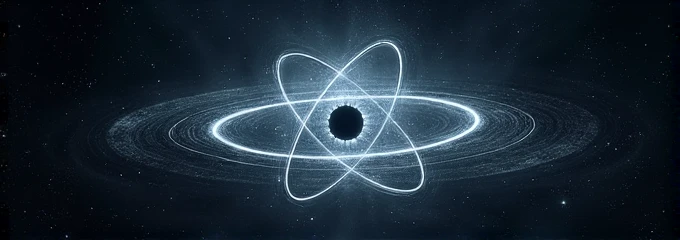 A nucleus with atoms orbiting on outer space with stars on background